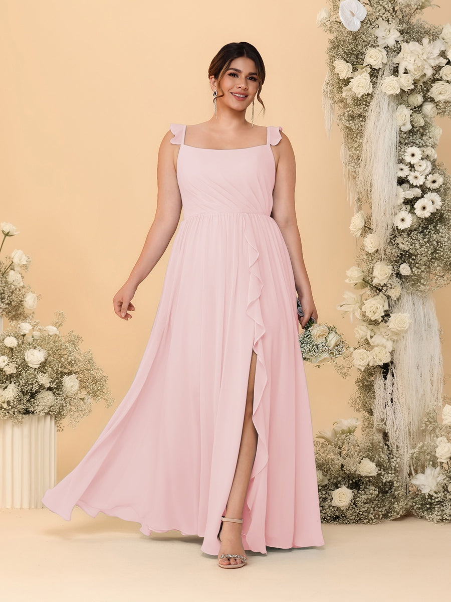 A-Line/Princess Square Neck Sleeveless Plus Size Bridesmaid Dresses With Side Slit &amp; Ruffles