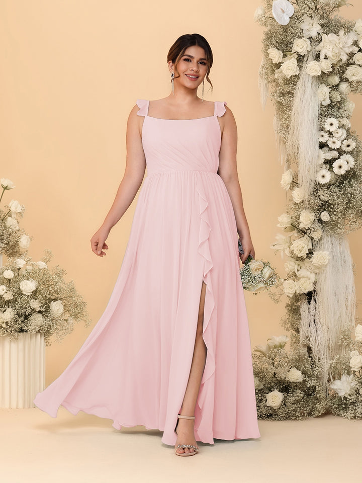 A-Line/Princess Square Neck Sleeveless Plus Size Bridesmaid Dresses With Side Slit &amp; Ruffles