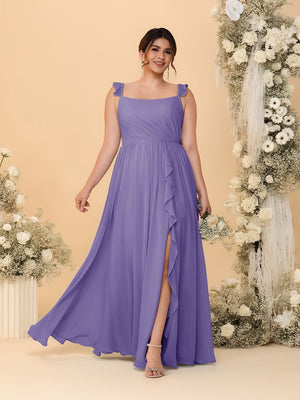 A-Line/Princess Square Neck Sleeveless Plus Size Bridesmaid Dresses With Side Slit & Ruffles