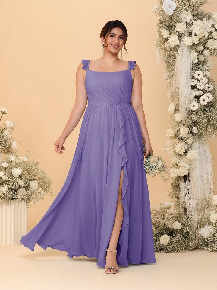 A-Line/Princess Square Neck Sleeveless Plus Size Bridesmaid Dresses With Side Slit &amp; Ruffles