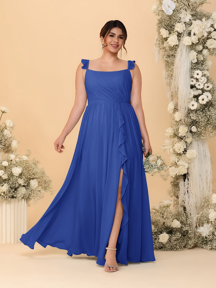 A-Line/Princess Square Neck Sleeveless Plus Size Bridesmaid Dresses With Side Slit &amp; Ruffles