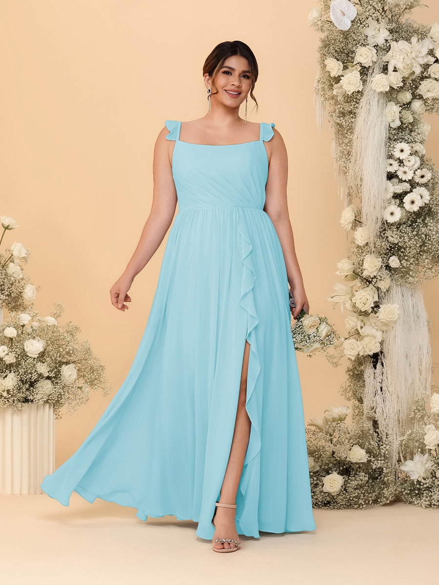A-Line/Princess Square Neck Sleeveless Plus Size Bridesmaid Dresses With Side Slit &amp; Ruffles