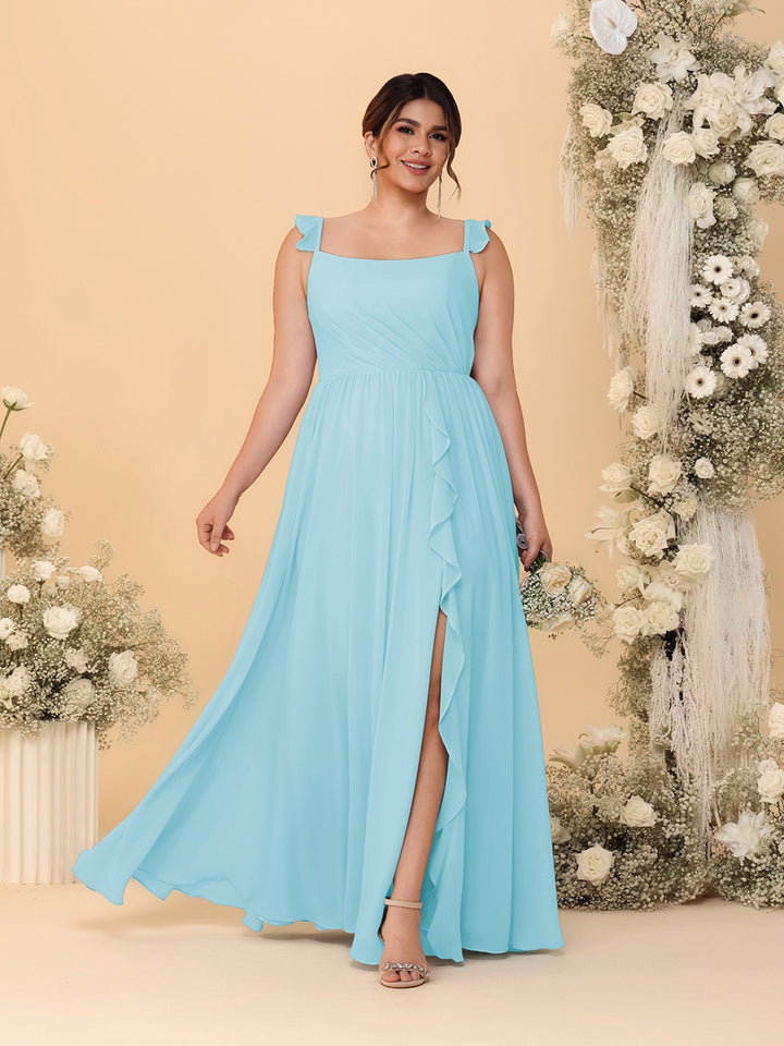 A-Line/Princess Square Neck Sleeveless Plus Size Bridesmaid Dresses With Side Slit &amp; Ruffles