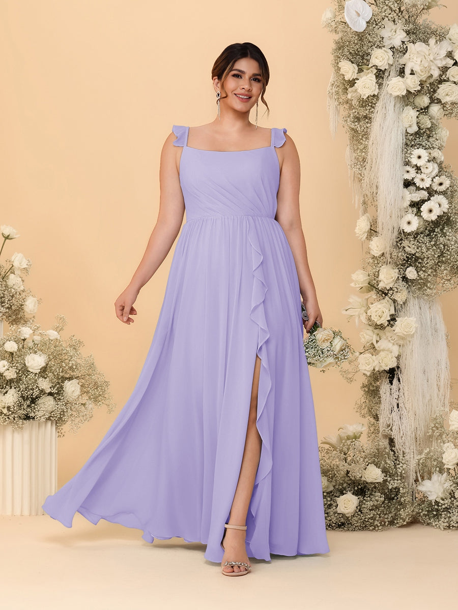 A-Line/Princess Square Neck Sleeveless Plus Size Bridesmaid Dresses With Side Slit &amp; Ruffles
