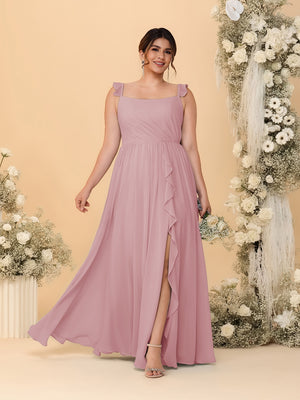 A-Line/Princess Square Neck Sleeveless Plus Size Bridesmaid Dresses With Side Slit & Ruffles