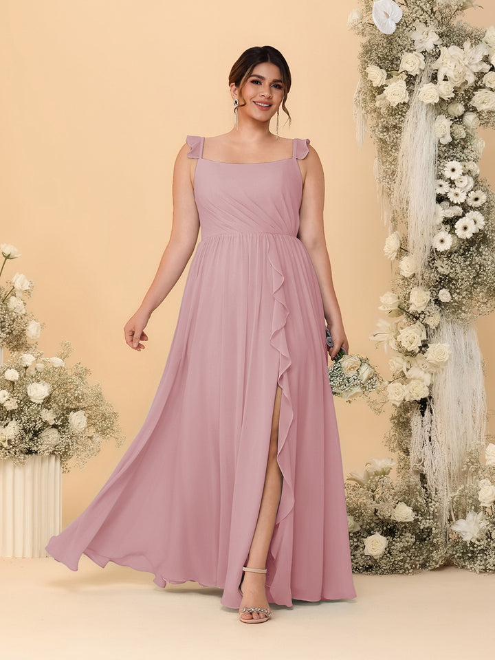 A-Line/Princess Square Neck Sleeveless Plus Size Bridesmaid Dresses With Side Slit &amp; Ruffles