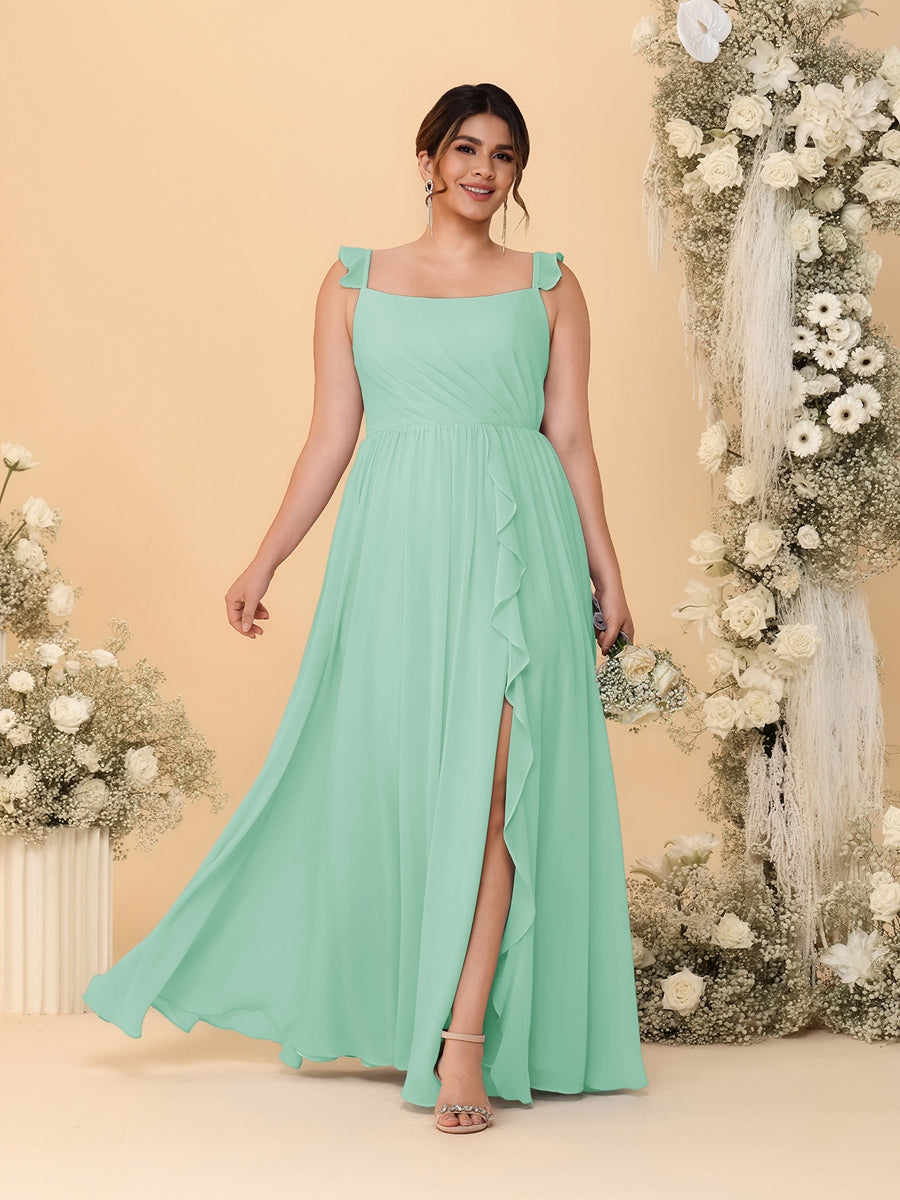 A-Line/Princess Square Neck Sleeveless Plus Size Bridesmaid Dresses With Side Slit &amp; Ruffles