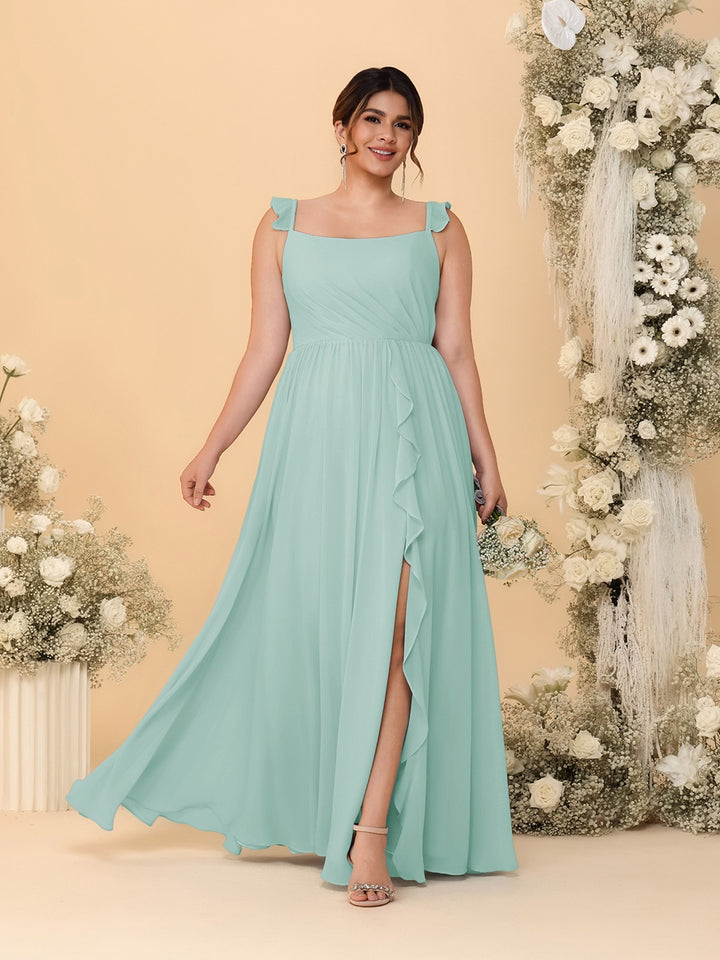 A-Line/Princess Square Neck Sleeveless Plus Size Bridesmaid Dresses With Side Slit &amp; Ruffles