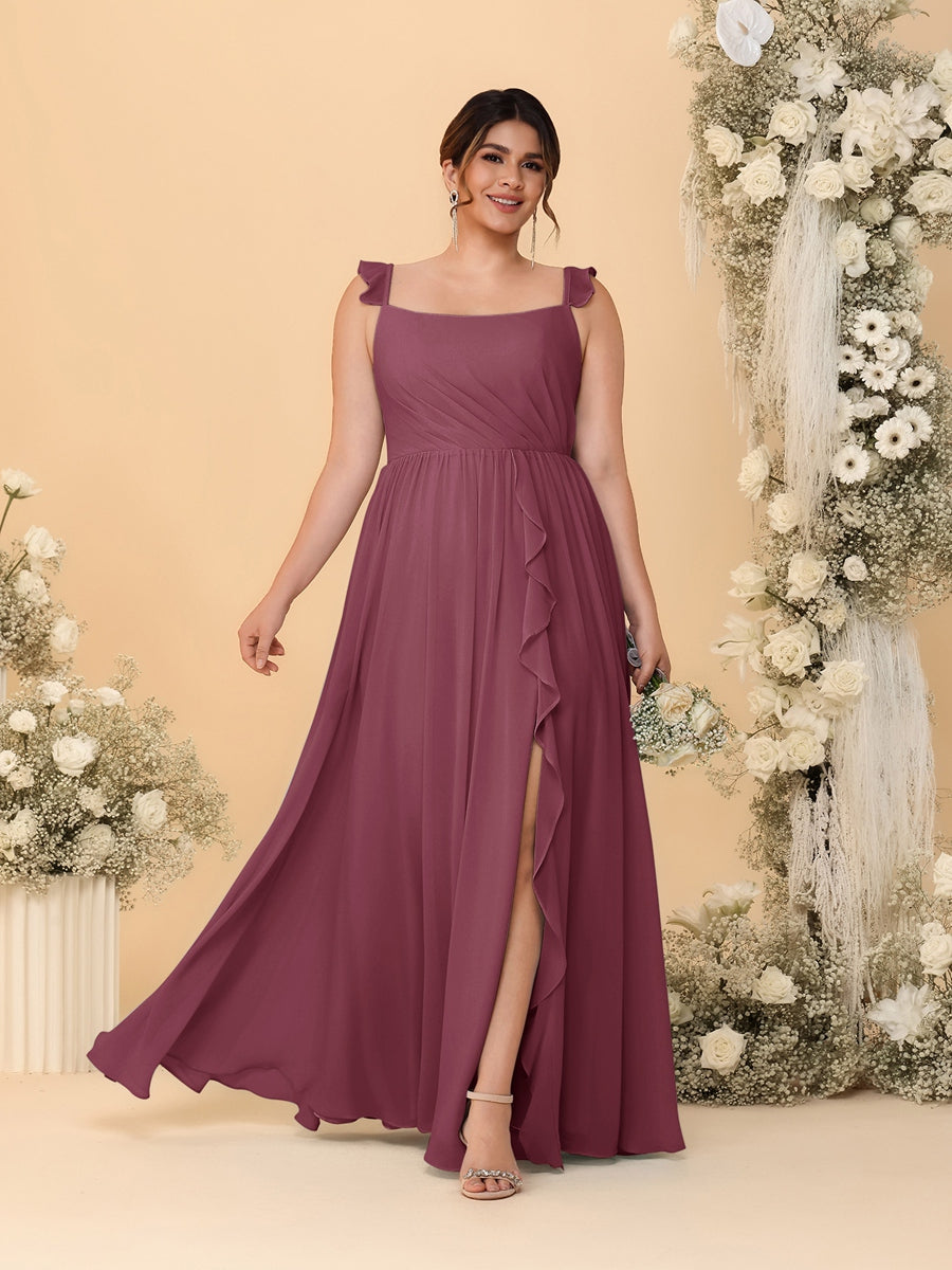 A-Line/Princess Square Neck Sleeveless Plus Size Bridesmaid Dresses With Side Slit &amp; Ruffles