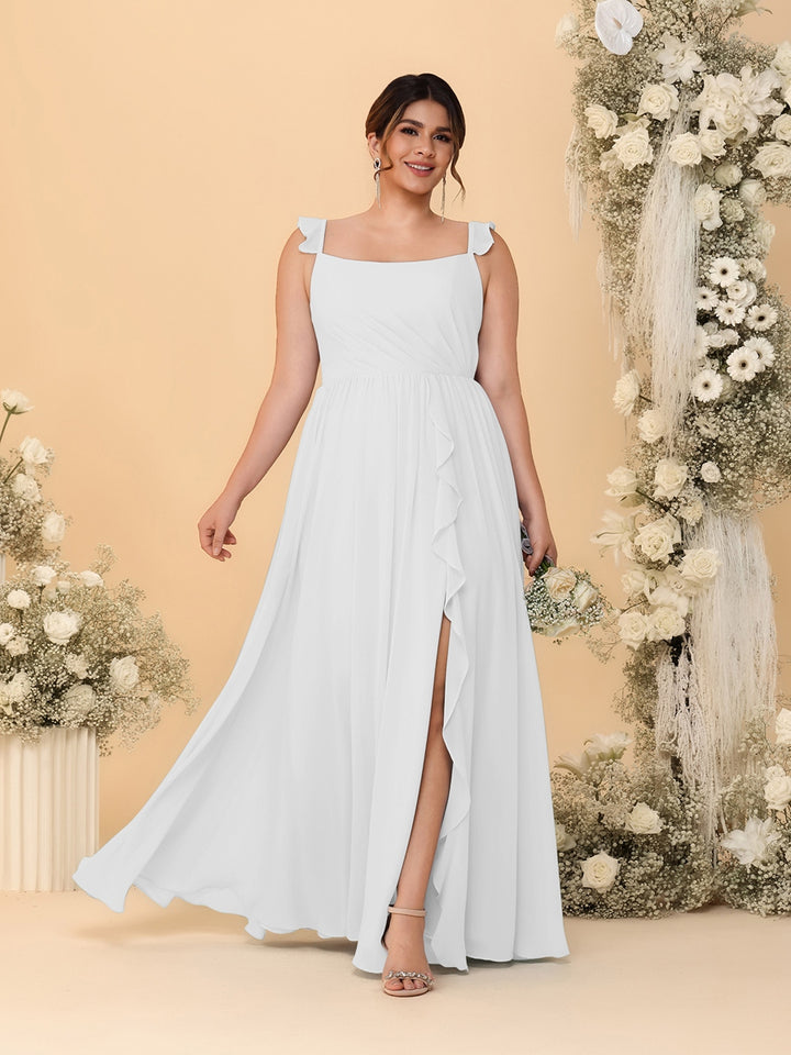 A-Line/Princess Square Neck Sleeveless Plus Size Bridesmaid Dresses With Side Slit &amp; Ruffles