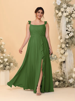 A-Line/Princess Square Neck Sleeveless Plus Size Bridesmaid Dresses With Side Slit & Ruffles