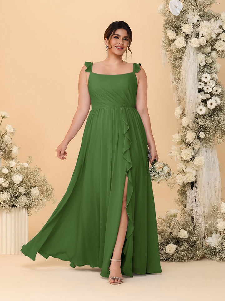 A-Line/Princess Square Neck Sleeveless Plus Size Bridesmaid Dresses With Side Slit &amp; Ruffles