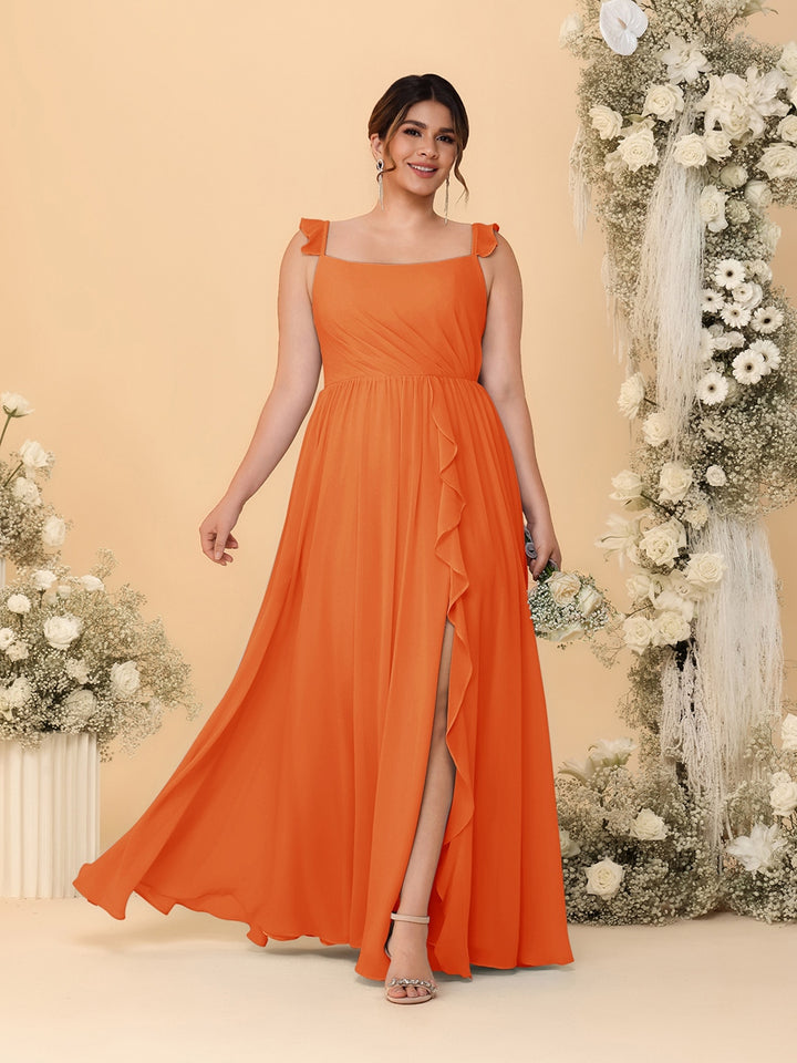 A-Line/Princess Square Neck Sleeveless Plus Size Bridesmaid Dresses With Side Slit &amp; Ruffles