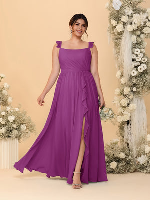 A-Line/Princess Square Neck Sleeveless Plus Size Bridesmaid Dresses With Side Slit & Ruffles