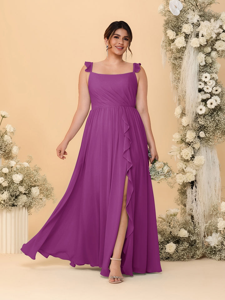 A-Line/Princess Square Neck Sleeveless Plus Size Bridesmaid Dresses With Side Slit &amp; Ruffles