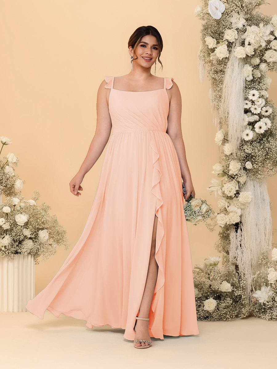 A-Line/Princess Square Neck Sleeveless Plus Size Bridesmaid Dresses With Side Slit &amp; Ruffles