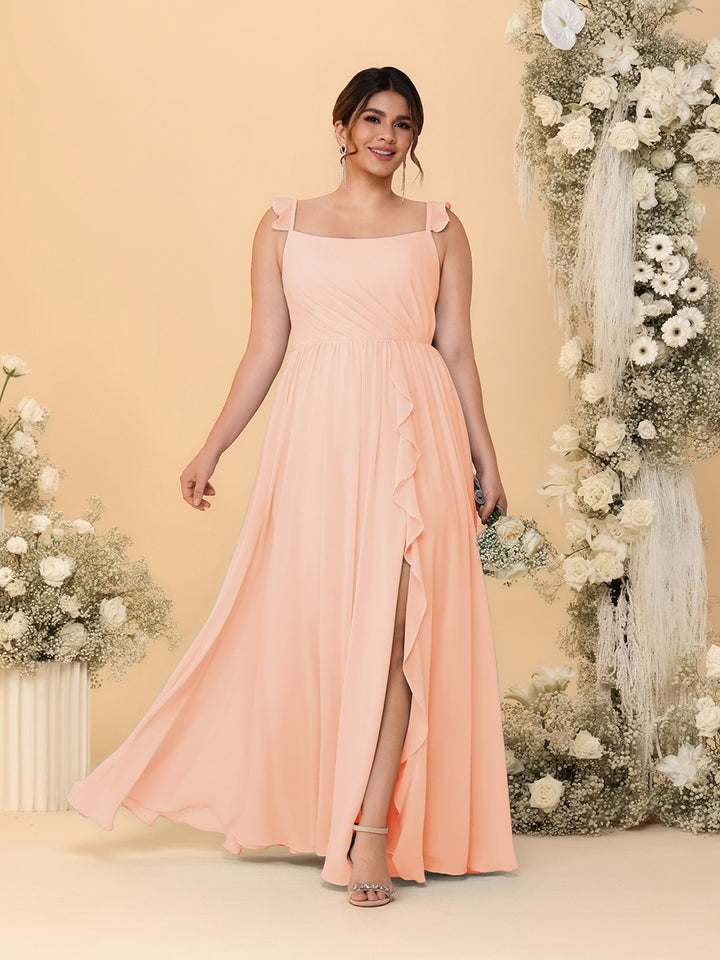 A-Line/Princess Square Neck Sleeveless Plus Size Bridesmaid Dresses With Side Slit &amp; Ruffles