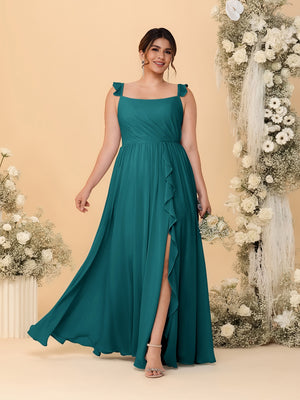 A-Line/Princess Square Neck Sleeveless Plus Size Bridesmaid Dresses With Side Slit & Ruffles