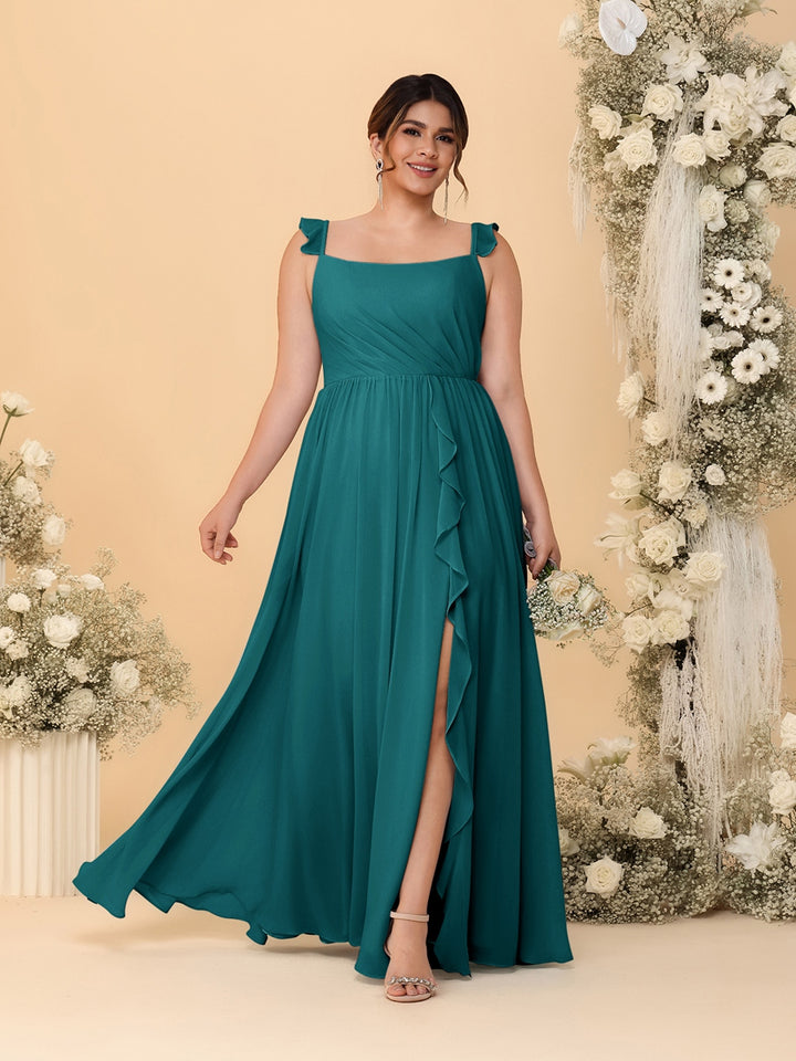 A-Line/Princess Square Neck Sleeveless Plus Size Bridesmaid Dresses With Side Slit &amp; Ruffles