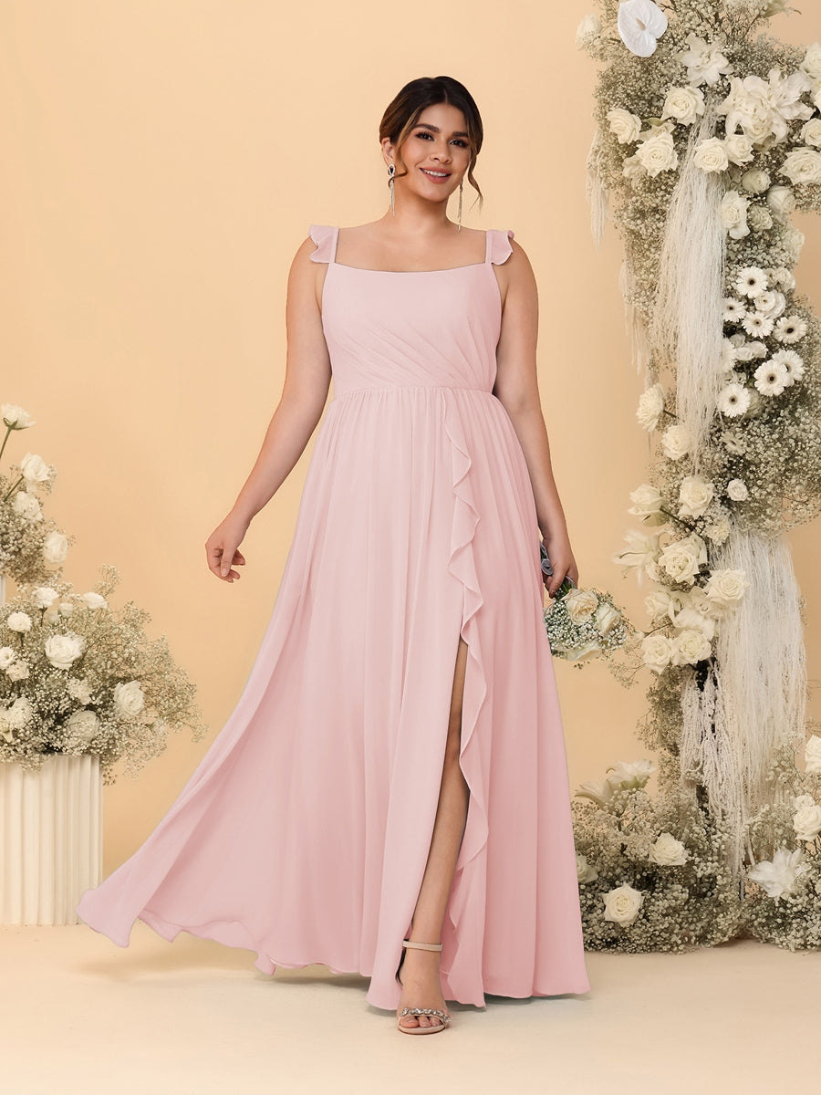 A-Line/Princess Square Neck Sleeveless Plus Size Bridesmaid Dresses With Side Slit &amp; Ruffles