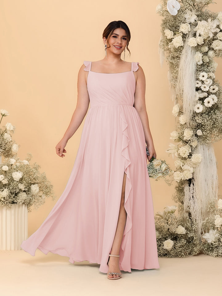 A-Line/Princess Square Neck Sleeveless Plus Size Bridesmaid Dresses With Side Slit &amp; Ruffles