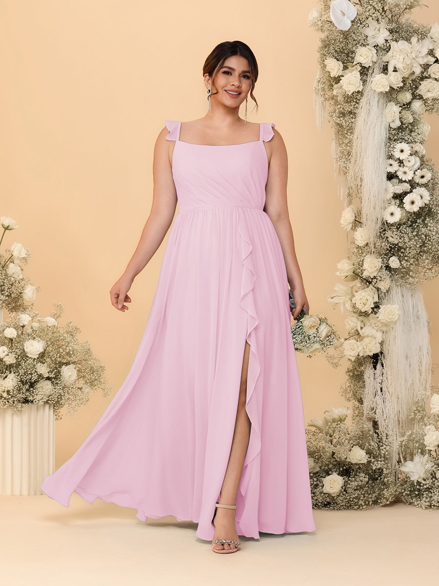 A-Line/Princess Square Neck Sleeveless Plus Size Bridesmaid Dresses With Side Slit &amp; Ruffles