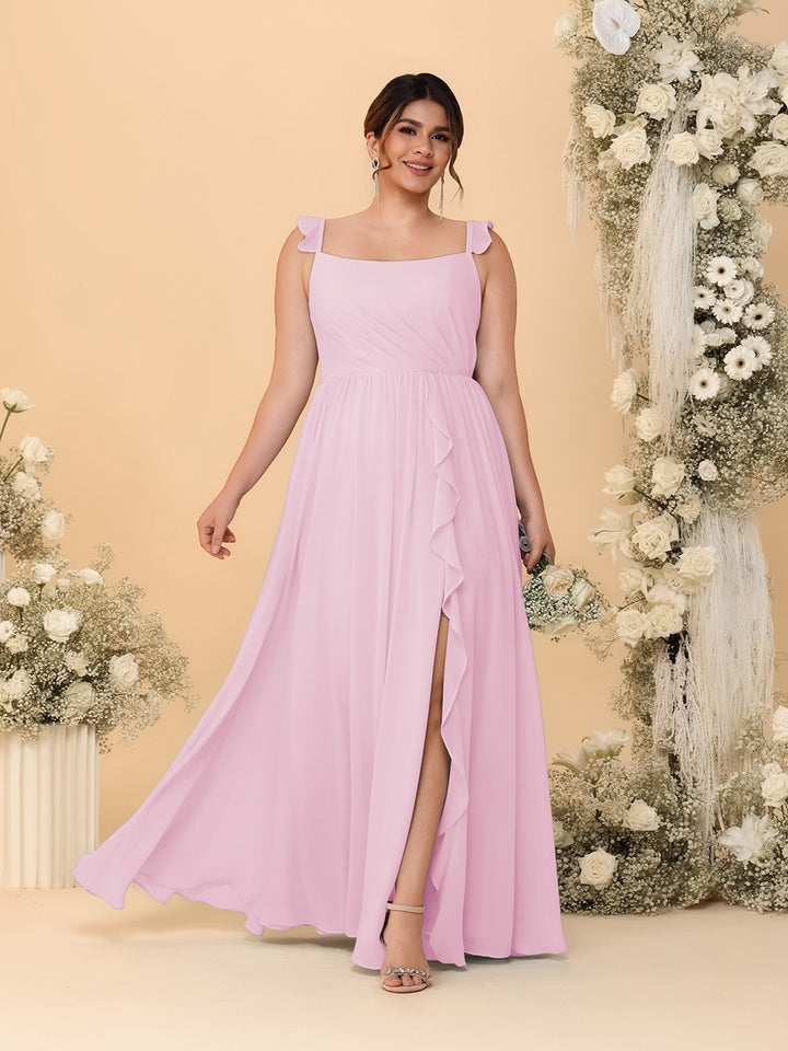 A-Line/Princess Square Neck Sleeveless Plus Size Bridesmaid Dresses With Side Slit &amp; Ruffles