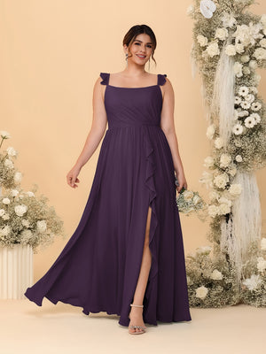 A-Line/Princess Square Neck Sleeveless Plus Size Bridesmaid Dresses With Side Slit & Ruffles