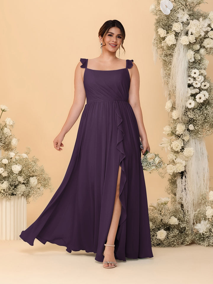 A-Line/Princess Square Neck Sleeveless Plus Size Bridesmaid Dresses With Side Slit &amp; Ruffles