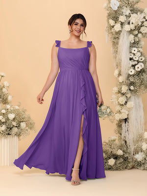 A-Line/Princess Square Neck Sleeveless Plus Size Bridesmaid Dresses With Side Slit & Ruffles
