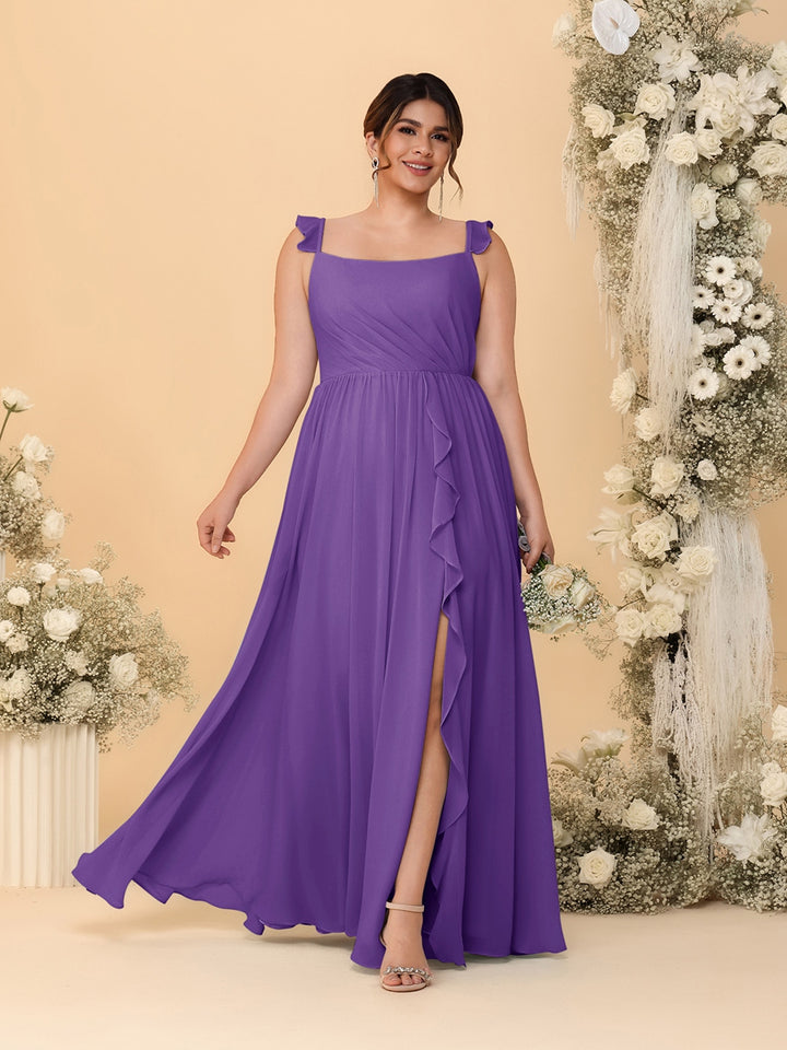 A-Line/Princess Square Neck Sleeveless Plus Size Bridesmaid Dresses With Side Slit &amp; Ruffles