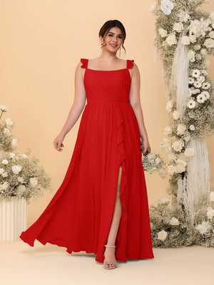 A-Line/Princess Square Neck Sleeveless Plus Size Bridesmaid Dresses With Side Slit & Ruffles