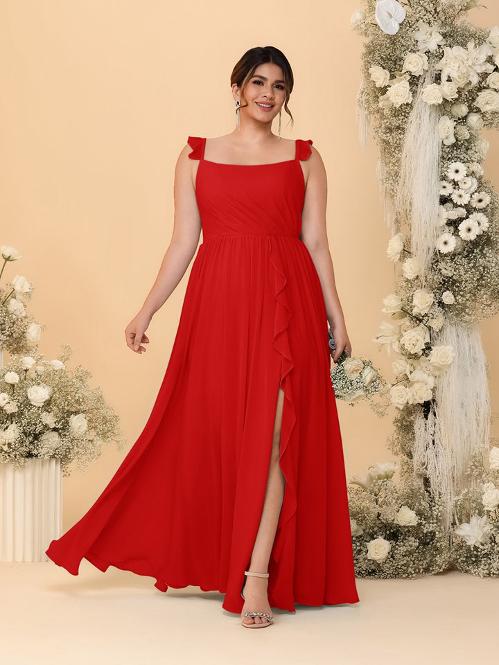 A-Line/Princess Square Neck Sleeveless Plus Size Bridesmaid Dresses With Side Slit &amp; Ruffles