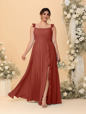 A-Line/Princess Square Neck Sleeveless Plus Size Bridesmaid Dresses With Side Slit & Ruffles