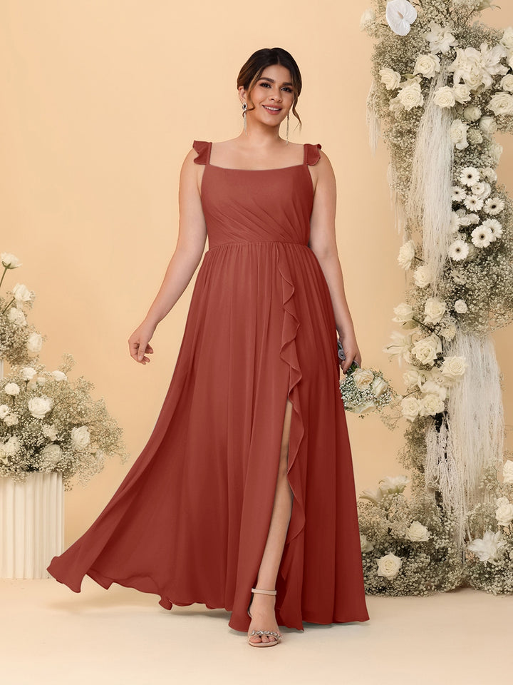 A-Line/Princess Square Neck Sleeveless Plus Size Bridesmaid Dresses With Side Slit &amp; Ruffles