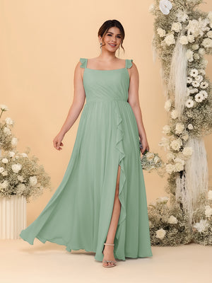A-Line/Princess Square Neck Sleeveless Plus Size Bridesmaid Dresses With Side Slit & Ruffles