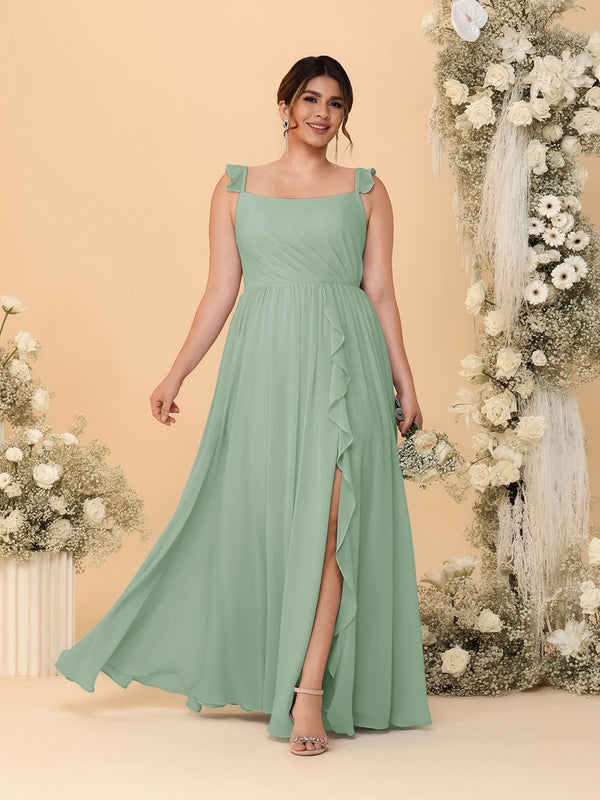 A-Line/Princess Square Neck Sleeveless Plus Size Bridesmaid Dresses With Side Slit & Ruffles