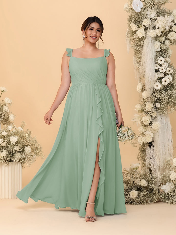 A-Line/Princess Square Neck Sleeveless Plus Size Bridesmaid Dresses With Side Slit &amp; Ruffles
