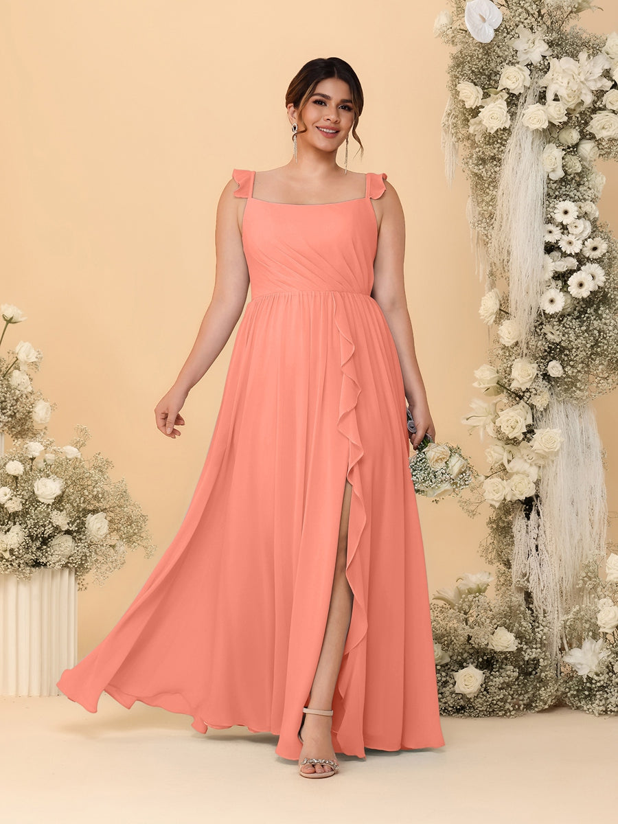 A-Line/Princess Square Neck Sleeveless Plus Size Bridesmaid Dresses With Side Slit &amp; Ruffles