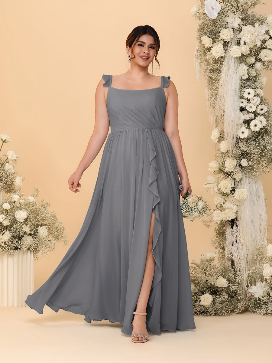 A-Line/Princess Square Neck Sleeveless Plus Size Bridesmaid Dresses With Side Slit &amp; Ruffles