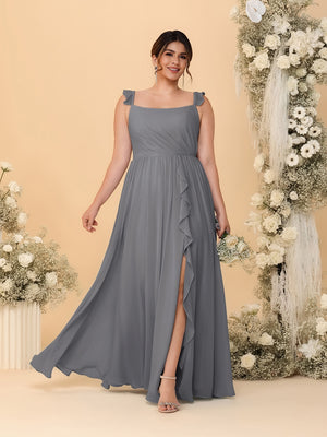 A-Line/Princess Square Neck Sleeveless Plus Size Bridesmaid Dresses With Side Slit & Ruffles