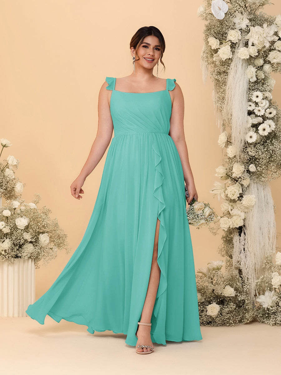 A-Line/Princess Square Neck Sleeveless Plus Size Bridesmaid Dresses With Side Slit &amp; Ruffles