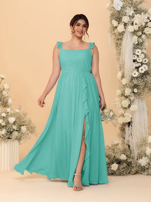 A-Line/Princess Square Neck Sleeveless Plus Size Bridesmaid Dresses With Side Slit & Ruffles