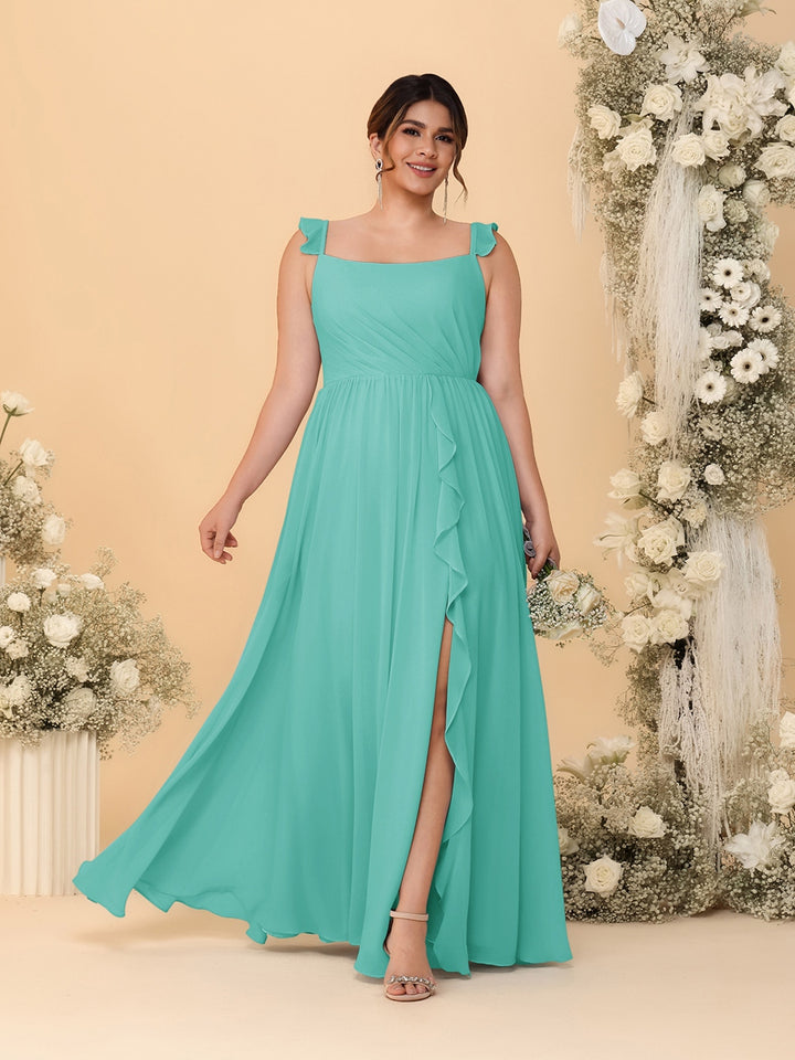 A-Line/Princess Square Neck Sleeveless Plus Size Bridesmaid Dresses With Side Slit &amp; Ruffles