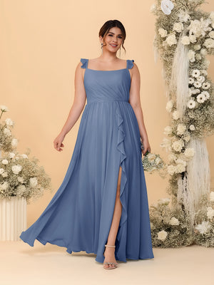 A-Line/Princess Square Neck Sleeveless Plus Size Bridesmaid Dresses With Side Slit & Ruffles