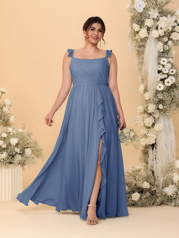 A-Line/Princess Square Neck Sleeveless Plus Size Bridesmaid Dresses With Side Slit &amp; Ruffles