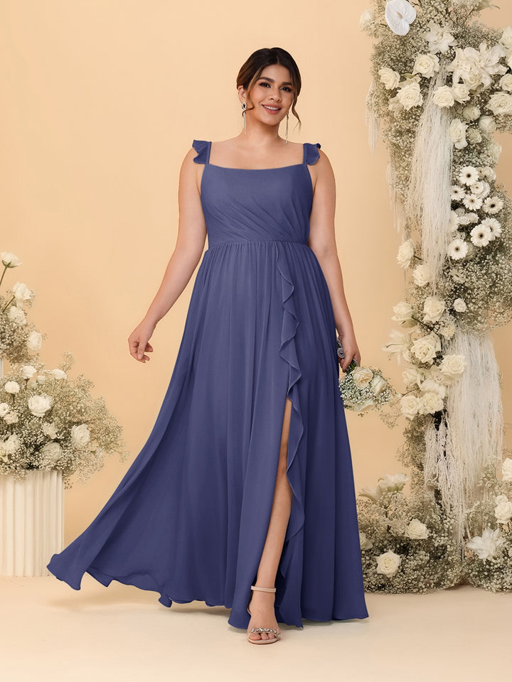 A-Line/Princess Square Neck Sleeveless Plus Size Bridesmaid Dresses With Side Slit &amp; Ruffles