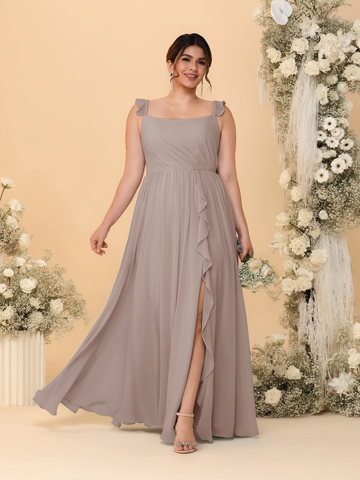 A-Line/Princess Square Neck Sleeveless Plus Size Bridesmaid Dresses With Side Slit &amp; Ruffles