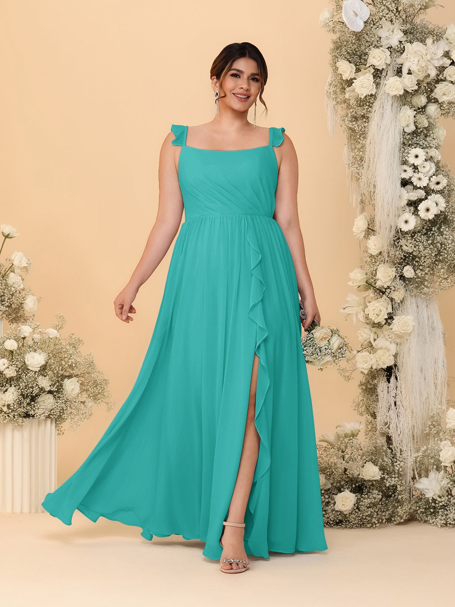 A-Line/Princess Square Neck Sleeveless Plus Size Bridesmaid Dresses With Side Slit &amp; Ruffles