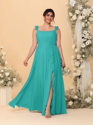 A-Line/Princess Square Neck Sleeveless Plus Size Bridesmaid Dresses With Side Slit & Ruffles